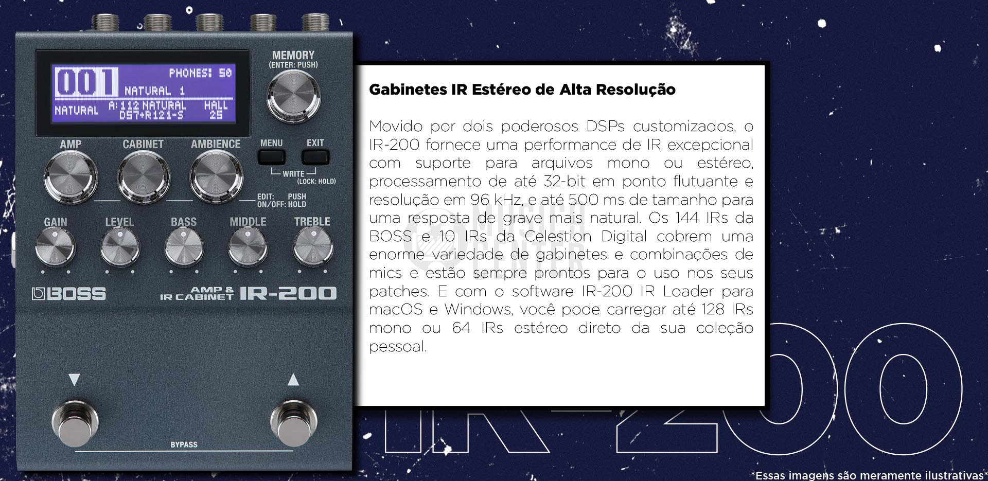 Pedal Boss Amp e Cabinet Impulse Response IR-200 possui gabinetes IR estéreo de alte resolução.