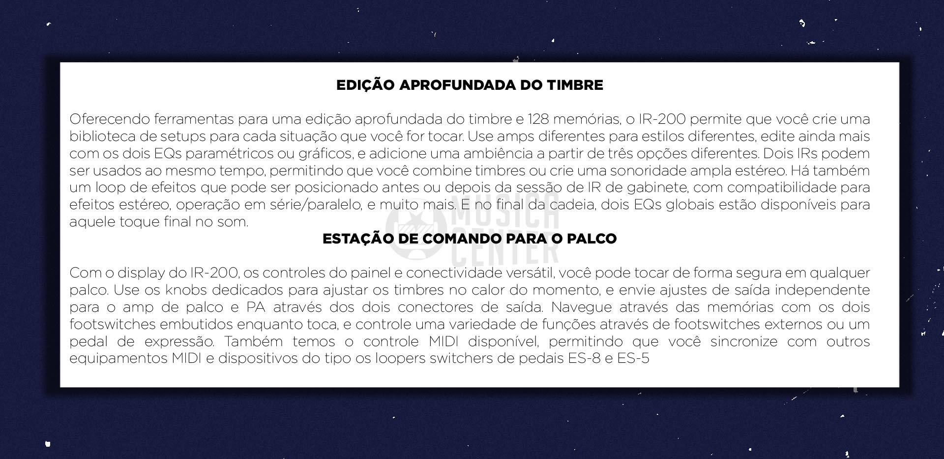 Descrições do Pedal Boss Amp e Cabinet Impulse Response IR-200.